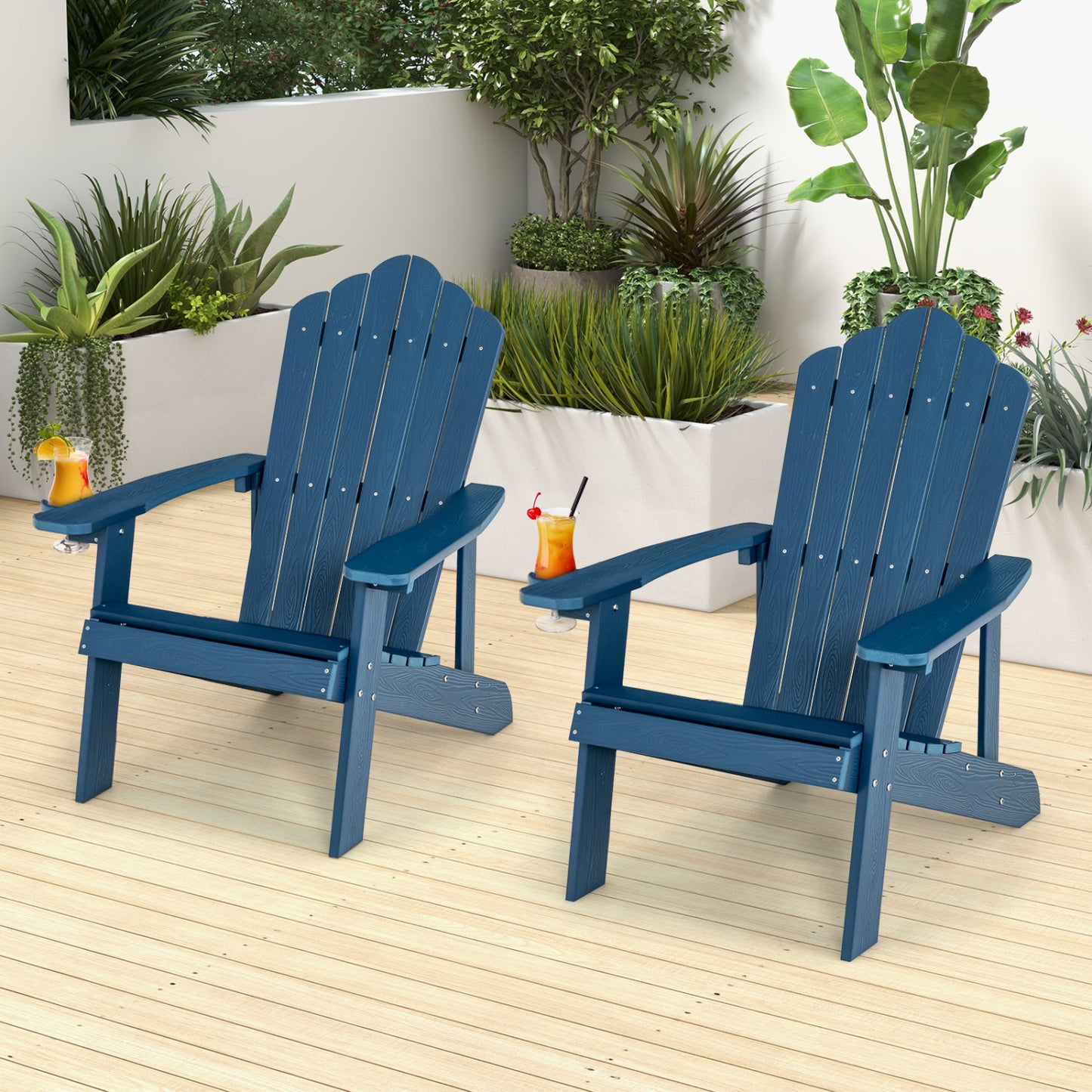 Two black Adirondack chairs from Wilsons Home Store, ergonomic outdoor seating set for porch or backyard relaxation.