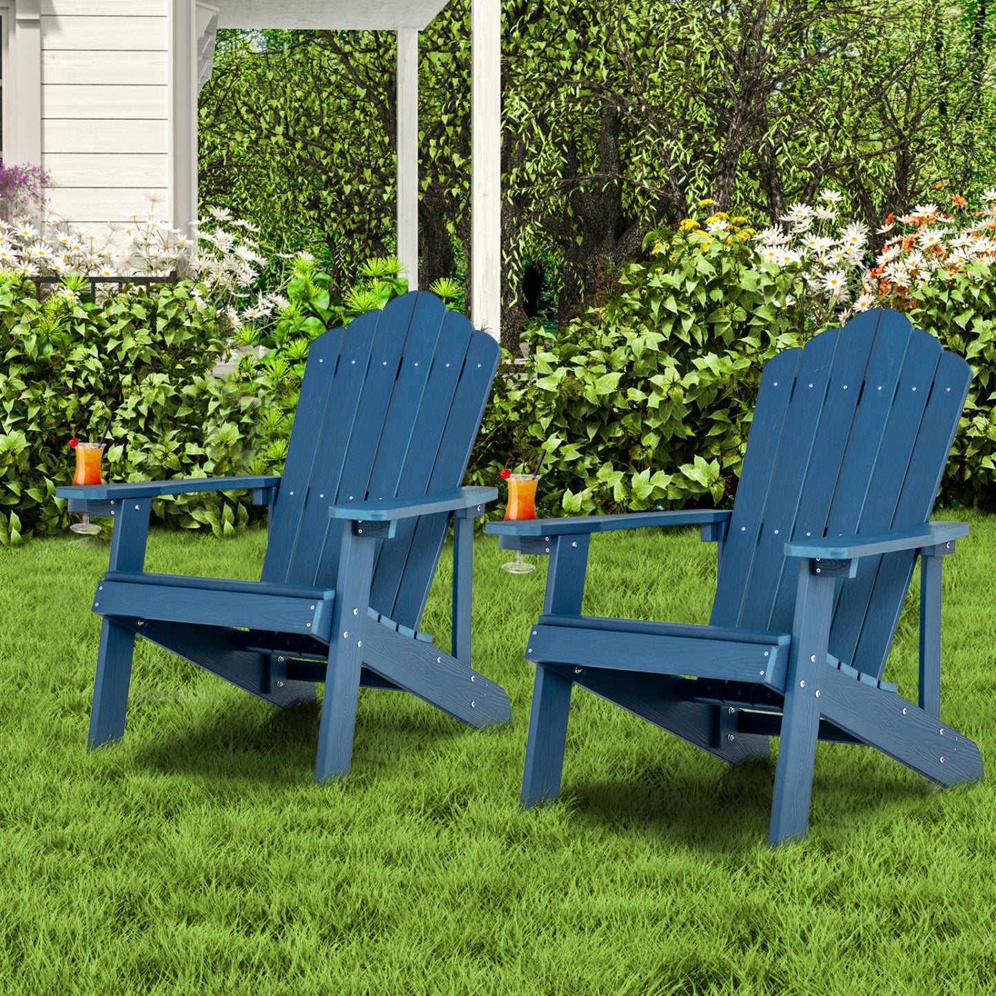 Two black Adirondack chairs set with ergonomic design, outdoor patio seating for porch or backyard.