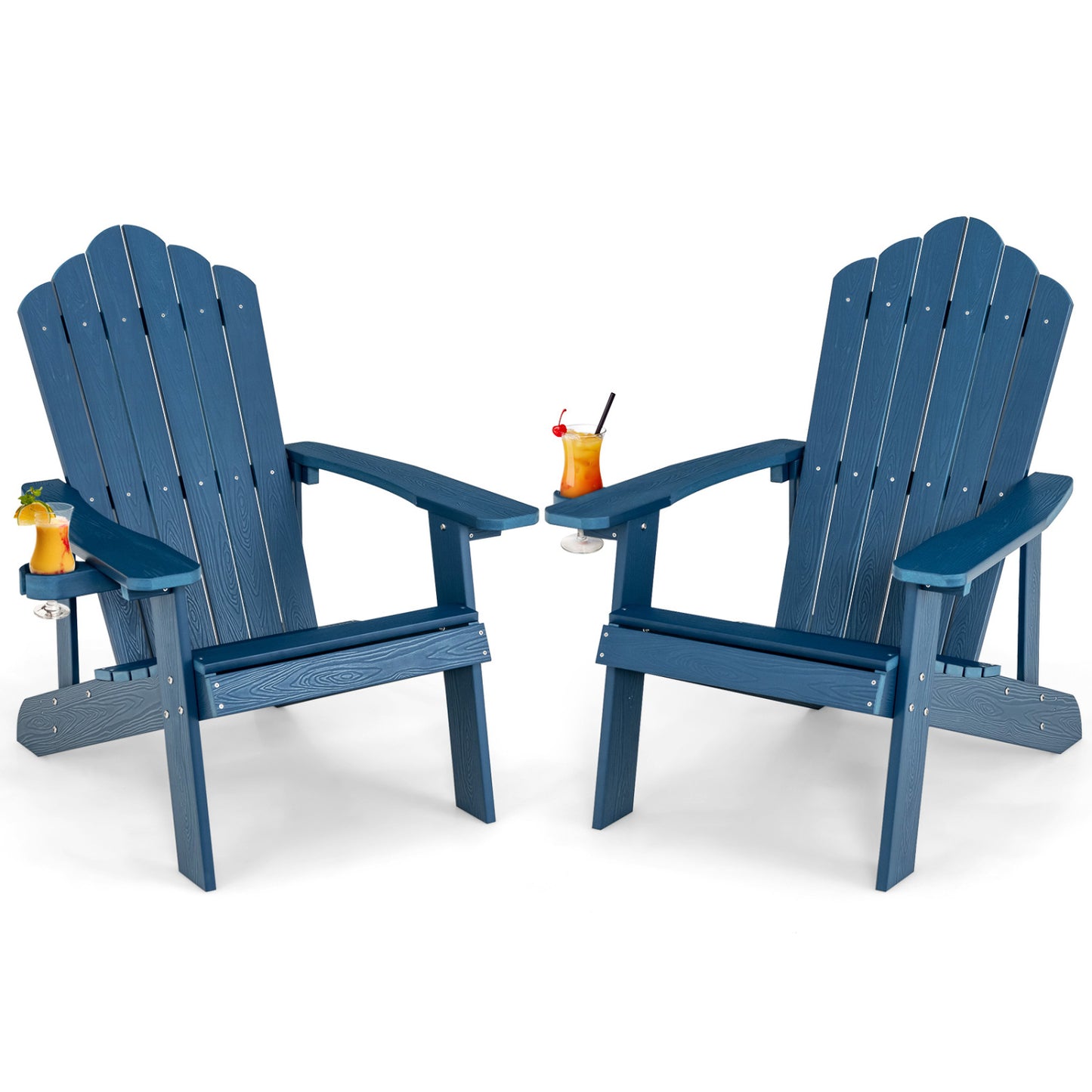Two black Adirondack chairs with ergonomic design, outdoor patio furniture set for porch or backyard relaxation.