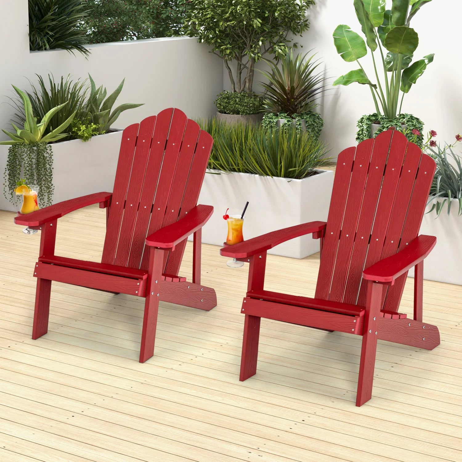 Set of two black Adirondack chairs with ergonomic design for outdoor porch and backyard seating, by Wilsons Home Store.