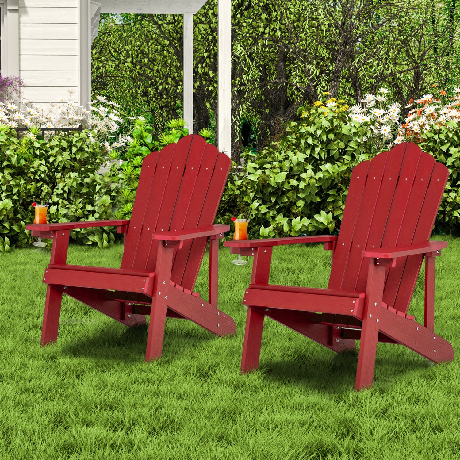 Black 2-piece Adirondack chair set with ergonomic design for outdoor porch and backyard seating, by Wilsons Home Store.