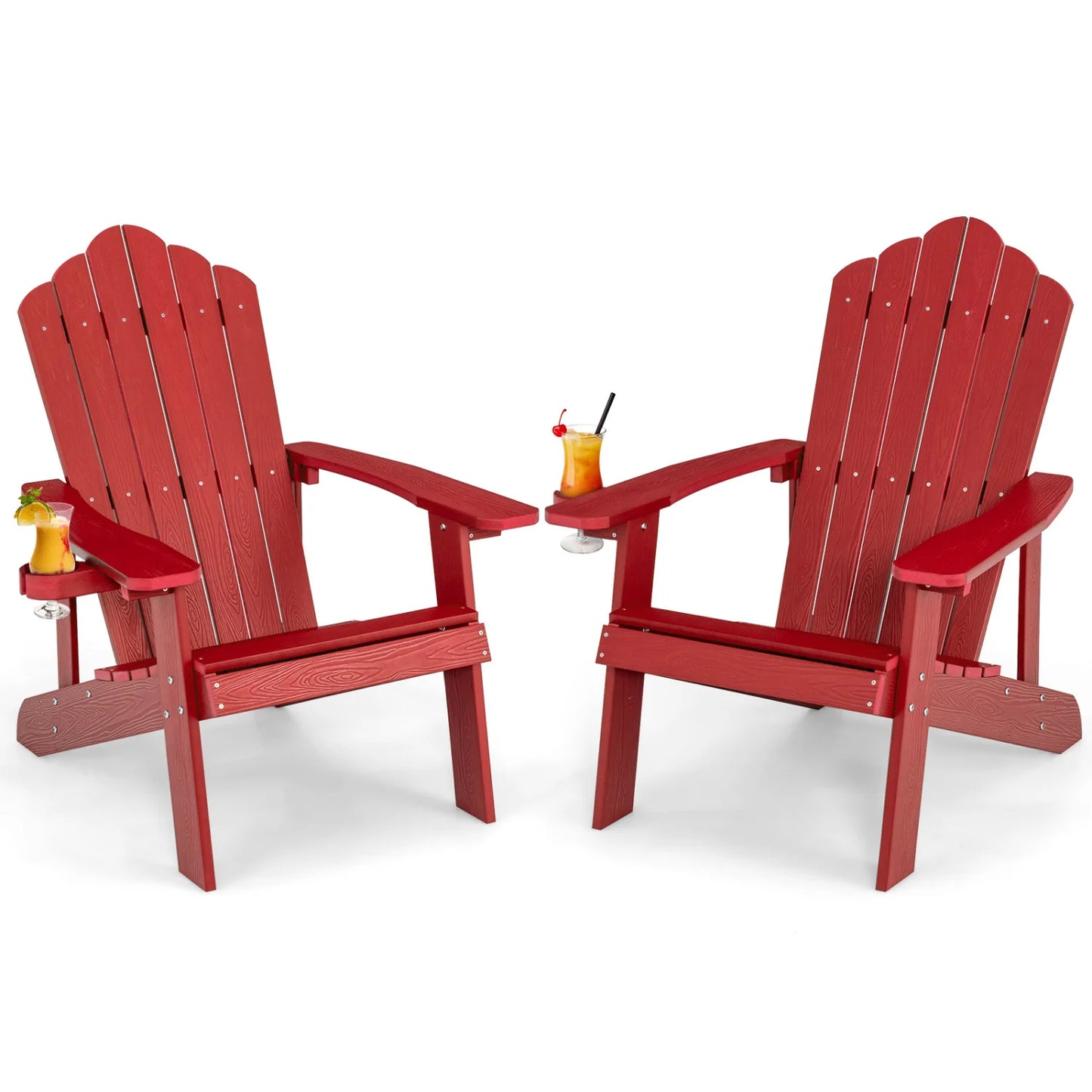 Two black Adirondack chairs set with ergonomic design for outdoor porch and backyard seating.