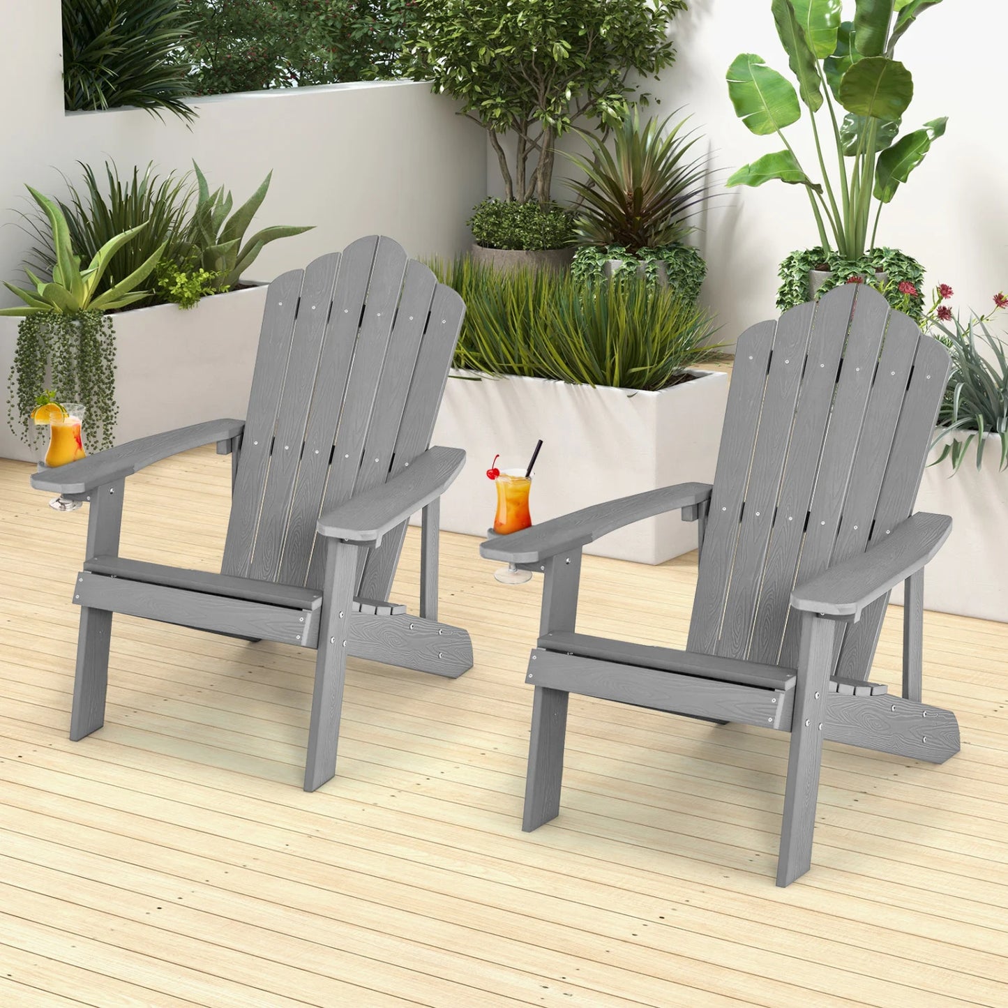 Two black Adirondack chairs set with ergonomic design for outdoor porch and backyard seating, outdoor patio furniture.