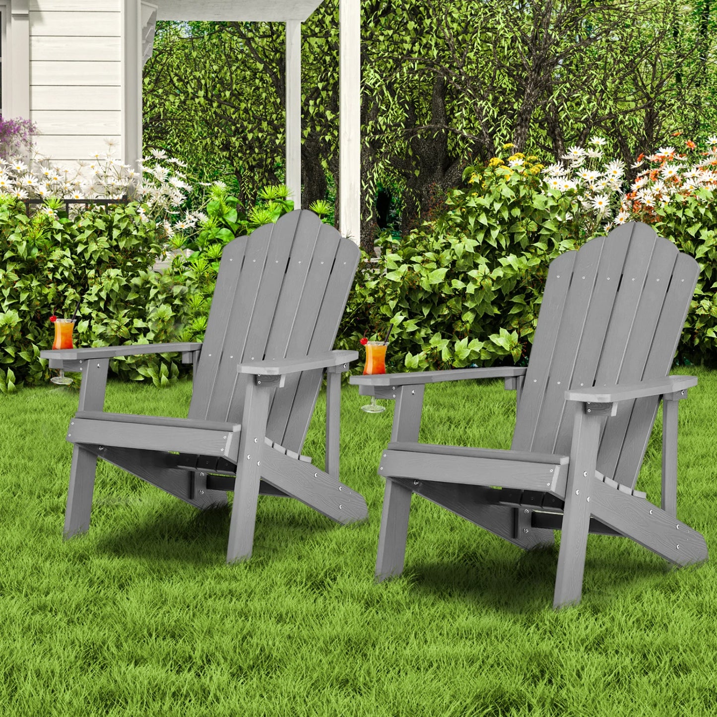 Two black Adirondack chairs set with ergonomic design for porch and backyard outdoor seating, ideal for patio relaxation.