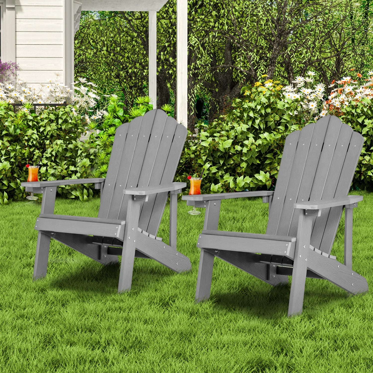 Two black Adirondack chairs set with ergonomic design for porch and backyard outdoor seating, ideal for patio relaxation.