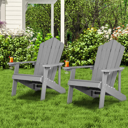 Two black Adirondack chairs set with ergonomic design for porch and backyard outdoor seating, ideal for patio relaxation.