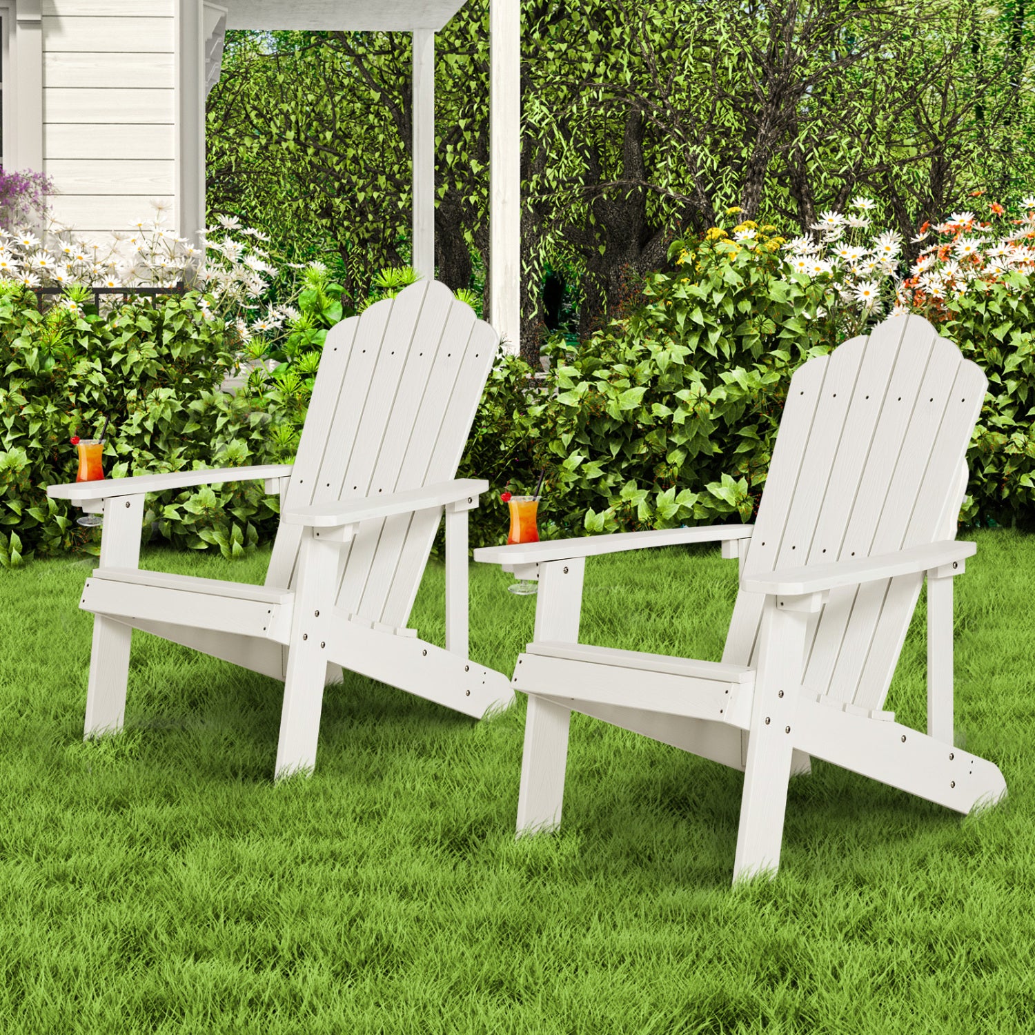 Two black Adirondack chairs from Wilsons Home Store, outdoor patio furniture set with ergonomic design for porch and backyard.