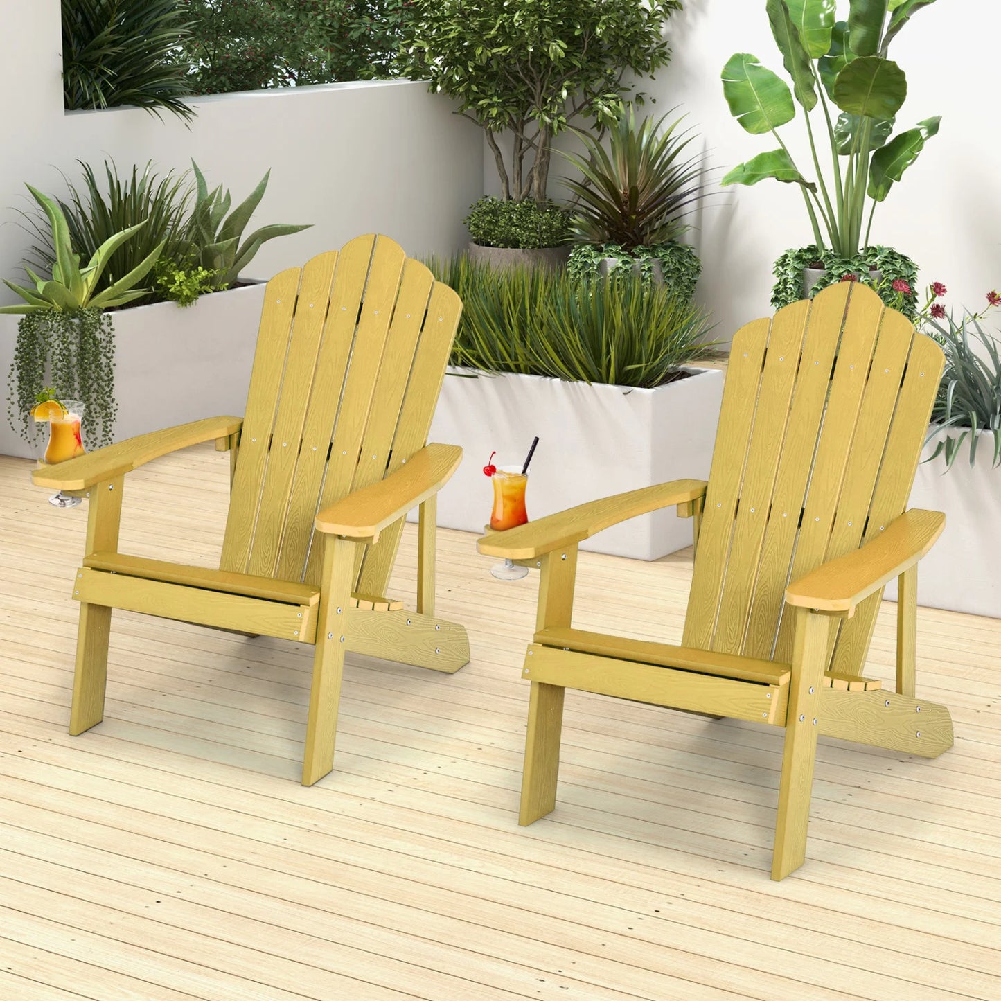 Two black outdoor Adirondack chairs with ergonomic design, perfect for porch or backyard relaxation.