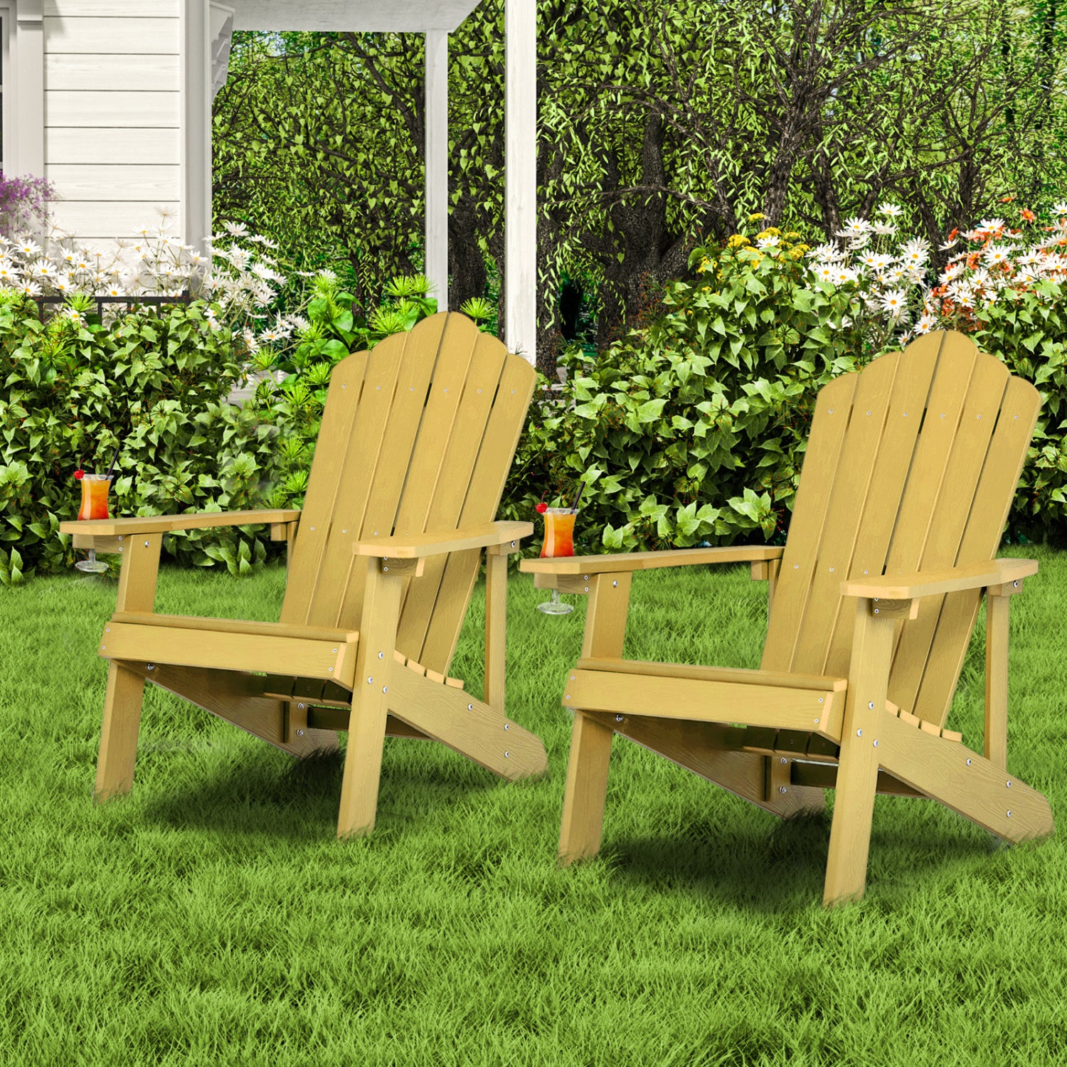 Two black Adirondack chairs set with ergonomic design for outdoor porch or backyard seating, made by Wilsons Home Store.