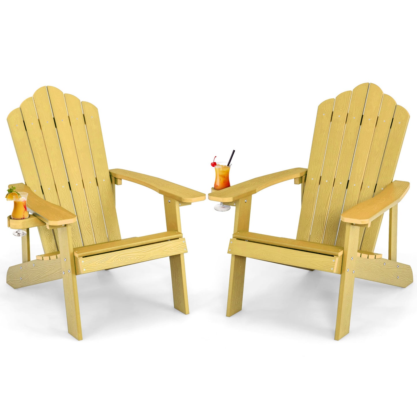 Two black Adirondack chairs with ergonomic design, perfect for porch and backyard outdoor seating.