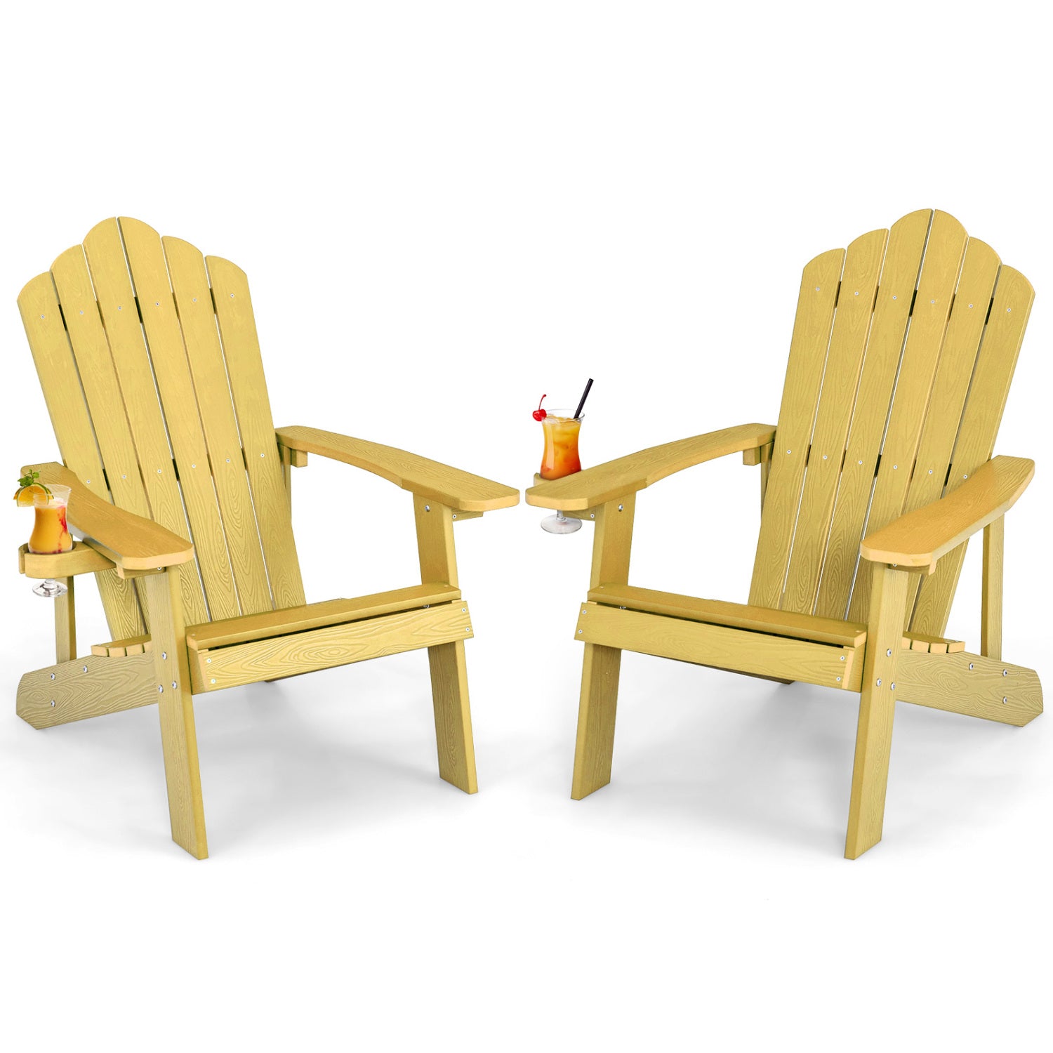 Two black Adirondack chairs with ergonomic design, perfect for porch and backyard outdoor seating.