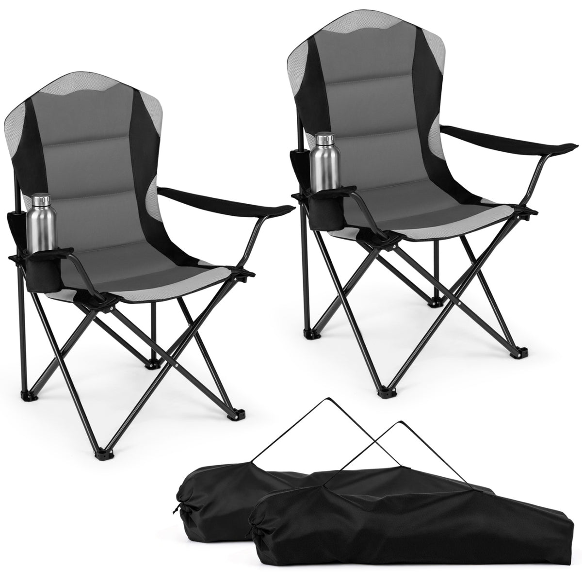 Two black folding camping chairs with cup holders, outdoor camping furniture for adults, lightweight and portable.