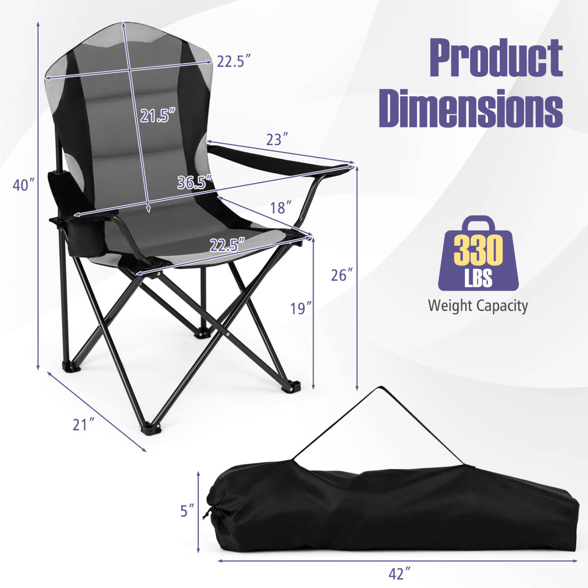 Two black folding camping chairs with cup holders, outdoor camping furniture designed for adult use.