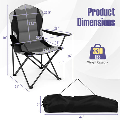 Two black folding camping chairs with cup holders, outdoor camping furniture designed for adult use.