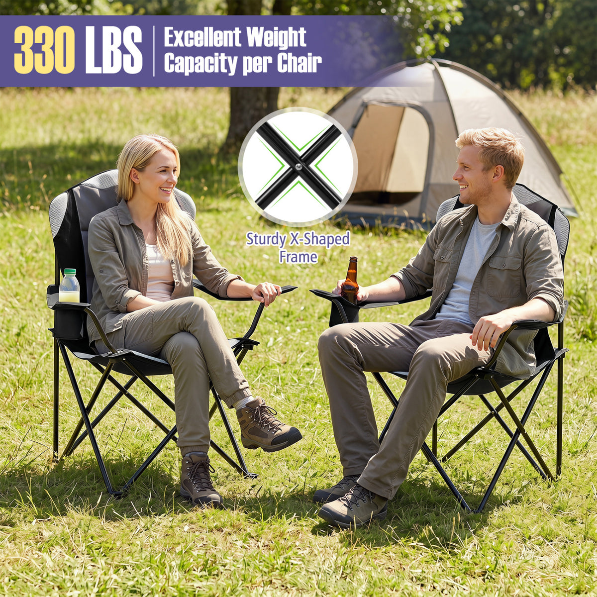 Two black folding camping chairs for adults with cup holders, outdoor camping furniture set in a natural setting.