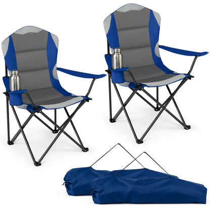 Two black folding camping chairs with cup holders, designed for outdoor camping, featuring a lightweight, portable design.