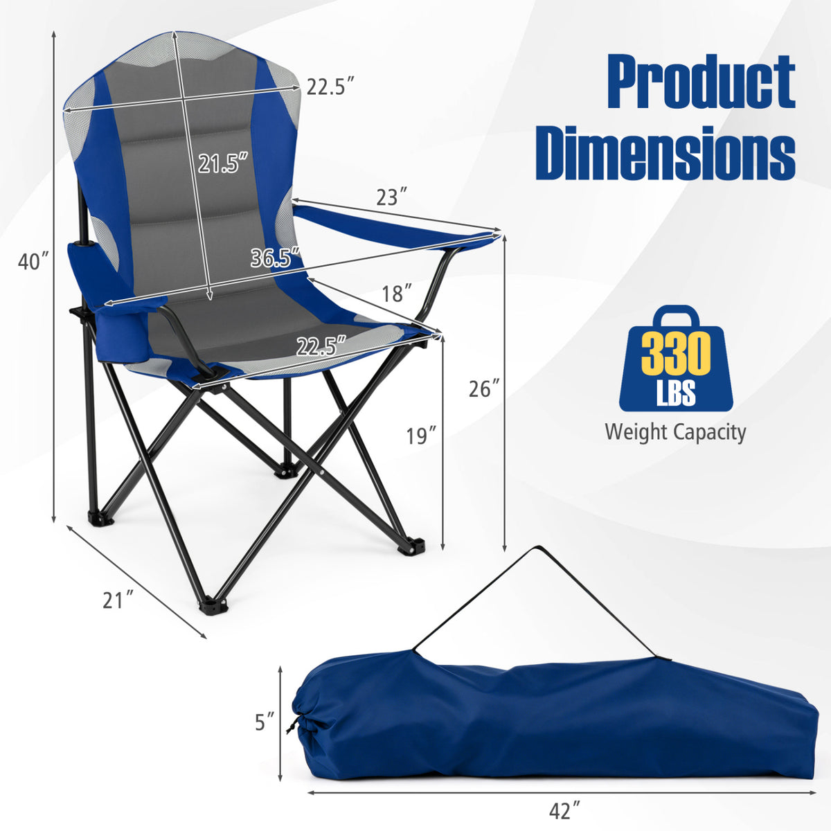 Two black folding camping chairs with cup holders, designed for outdoor camping, by Wilsons Home Store.