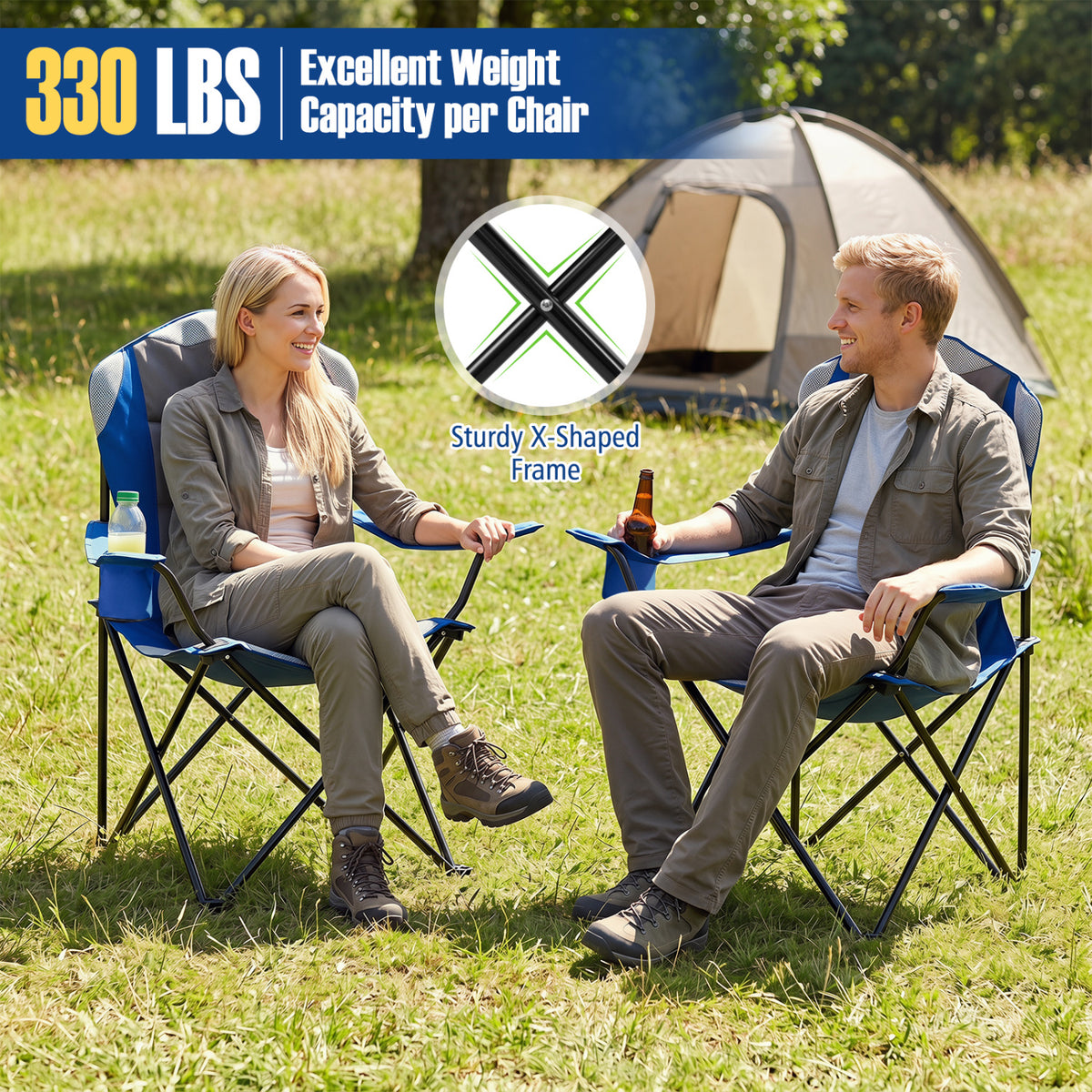 Two black folding camping chairs with cup holders, suitable for outdoor camping and outdoor furniture use.