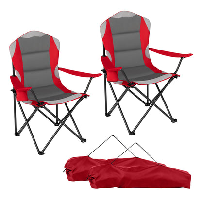 Two black folding camping chairs with cup holders, designed for outdoor camping and outdoor furniture use.