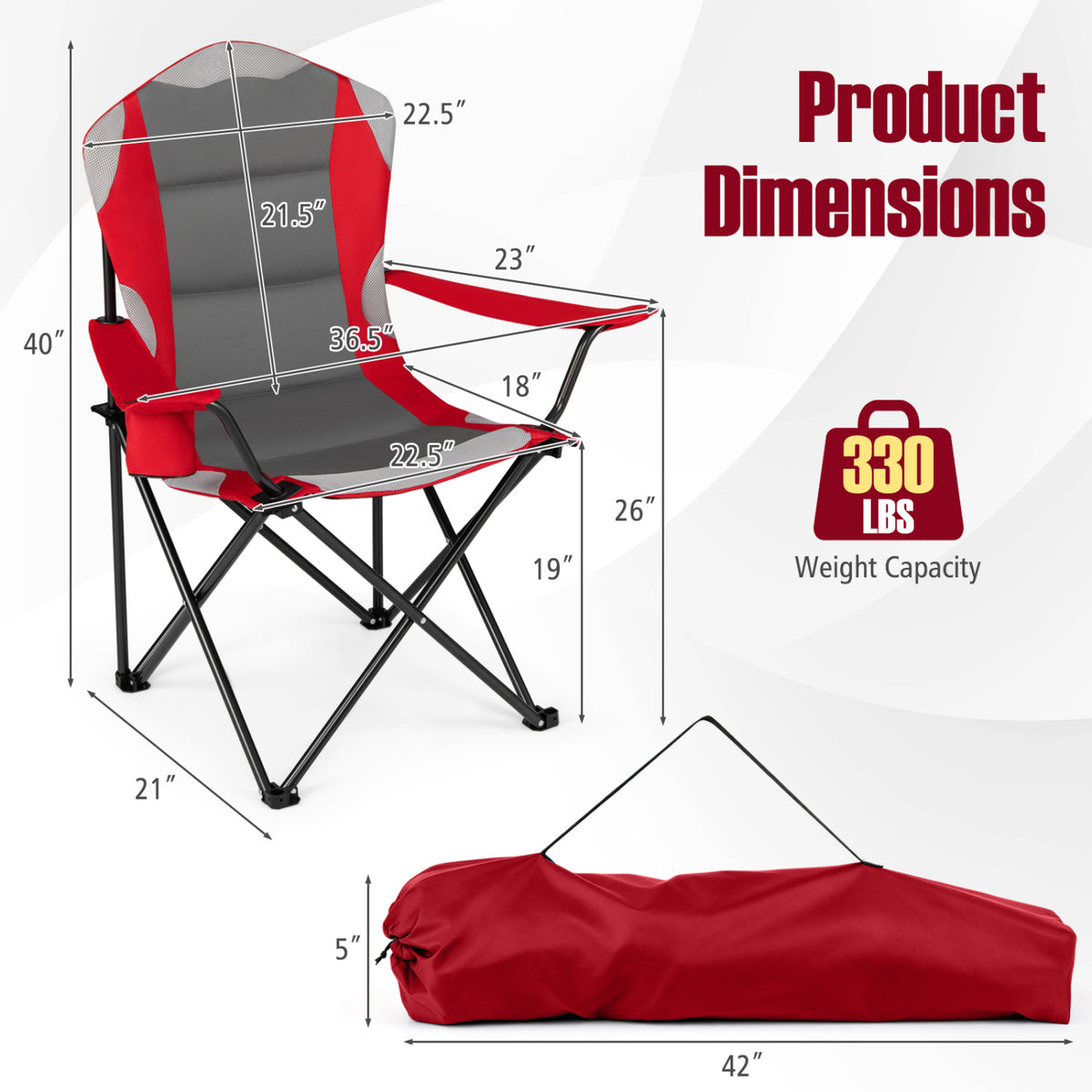 Two black folding camping chairs with cup holders, designed for outdoor use and easy to carry for camping adventures.