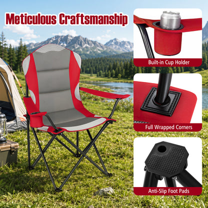Two black folding camping chairs with cup holders, designed for outdoor use, ideal for camping and outdoor gatherings.