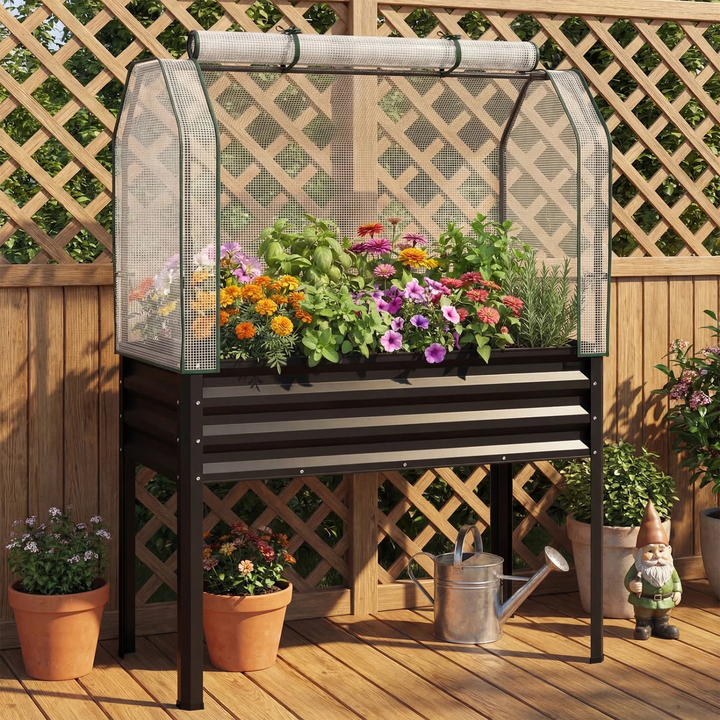 Two galvanized raised garden beds with legs and a green greenhouse cover for vegetables and flowers, outdoor gardening by Wilsons Home Store.