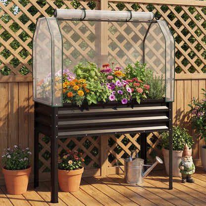 Two galvanized raised garden beds with legs and a green greenhouse cover for vegetables and flowers, outdoor gardening by Wilsons Home Store.