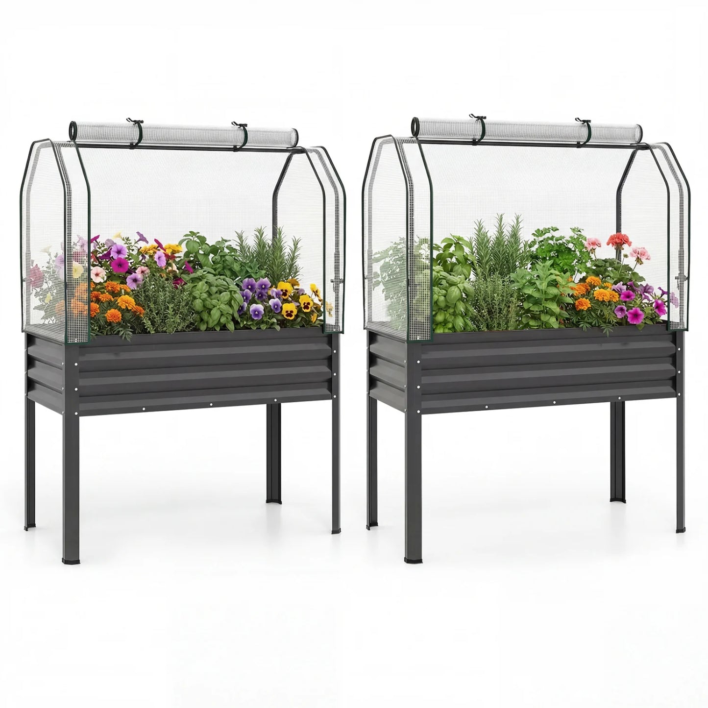 Two galvanized raised garden beds with legs and green greenhouse covers for vegetables and flowers, ideal for outdoor garden use.