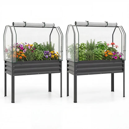 Two galvanized raised garden beds with legs and green greenhouse covers for vegetables and flowers, ideal for outdoor garden use.