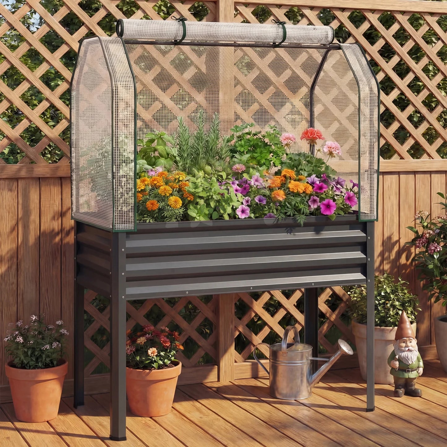 Two galvanized raised garden beds with legs and green greenhouse covers for vegetables and flowers, designed for outdoor gardening.