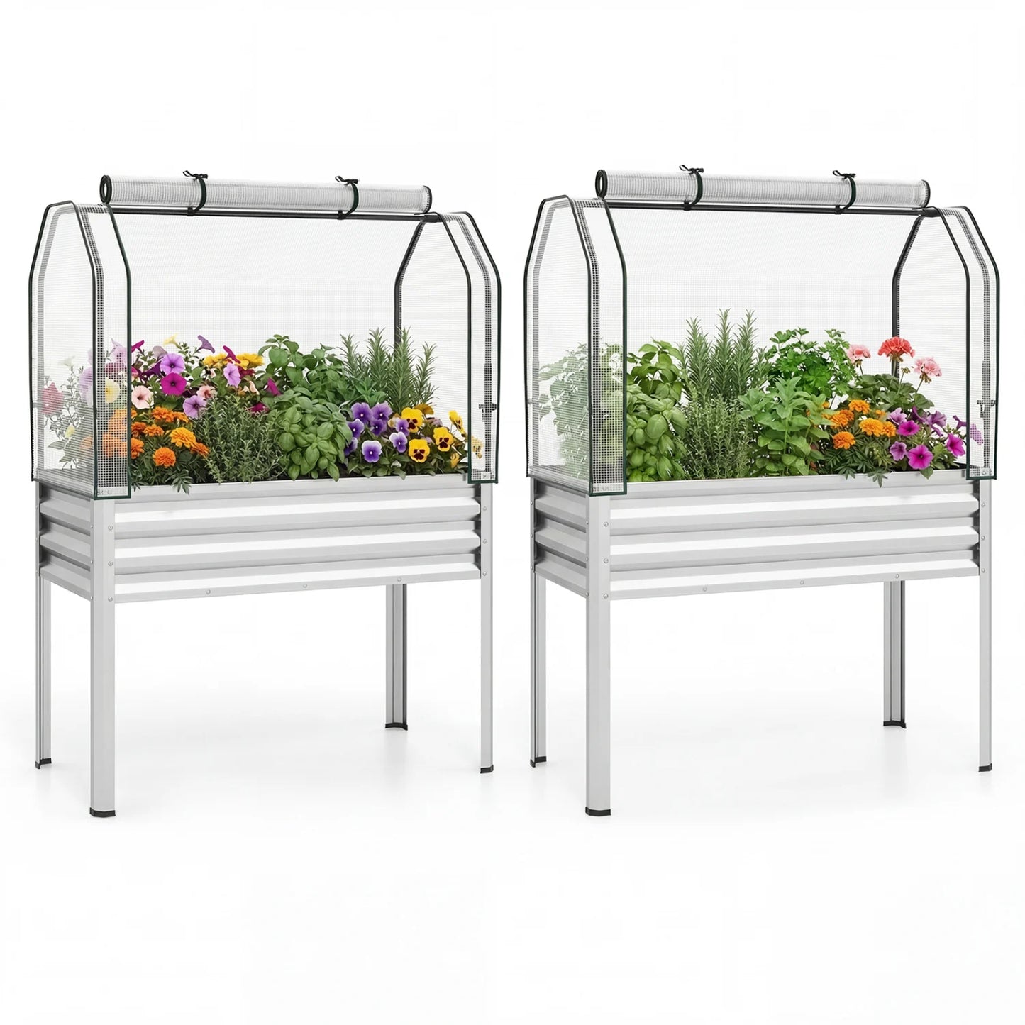 Two galvanized raised garden beds with legs and green greenhouse covers for vegetables and flowers, designed for outdoor gardening.