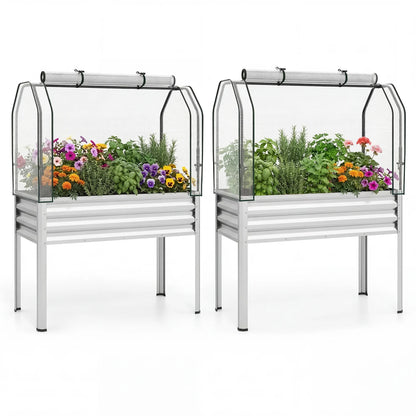 Two galvanized raised garden beds with legs and green greenhouse covers for vegetables and flowers, designed for outdoor gardening.