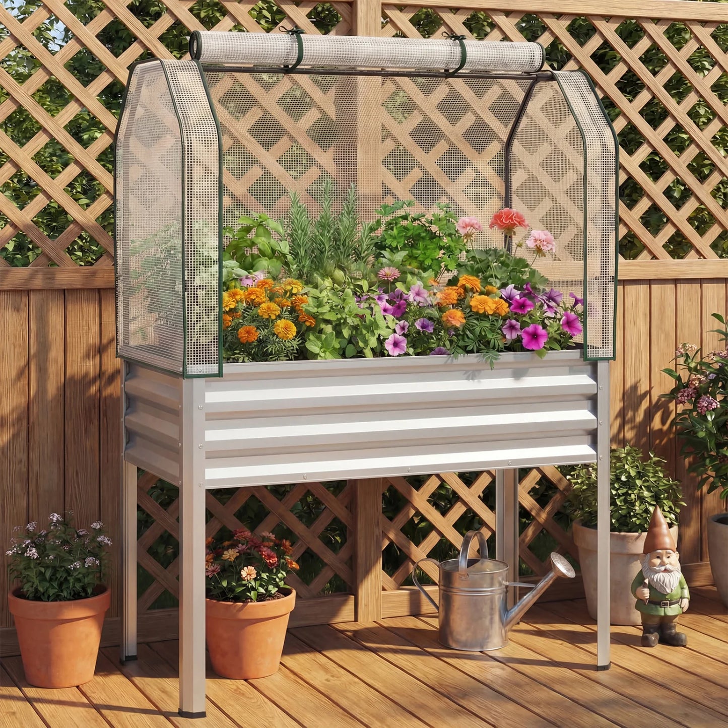 Two galvanized raised garden beds with legs and green greenhouse covers, designed for vegetable and flower gardening.
