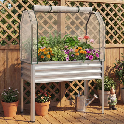 Two galvanized raised garden beds with legs and green greenhouse covers, designed for vegetable and flower gardening.