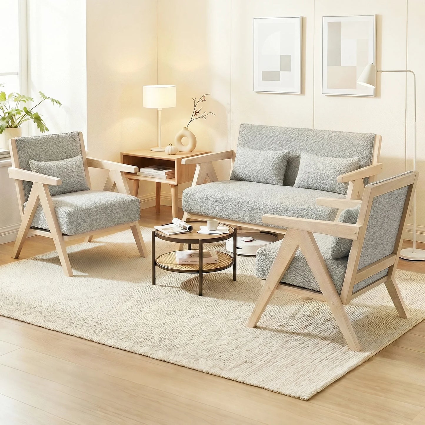2 Pieces Living Room Furniture Set with Rubber Wood Frame-Brown
