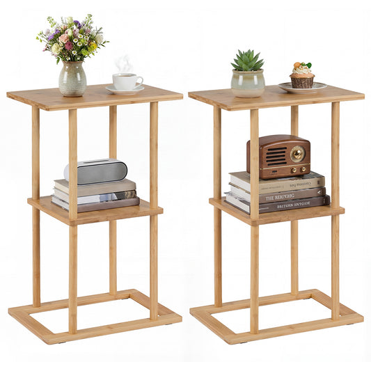 2 Pieces Side Table with Storage Shelves and Bamboo Construction-Natural
