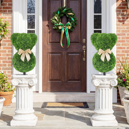 2 Pieces Teddy Bear Topiary Trees Sun-resistant Faux Boxwood Plants with Bowknot