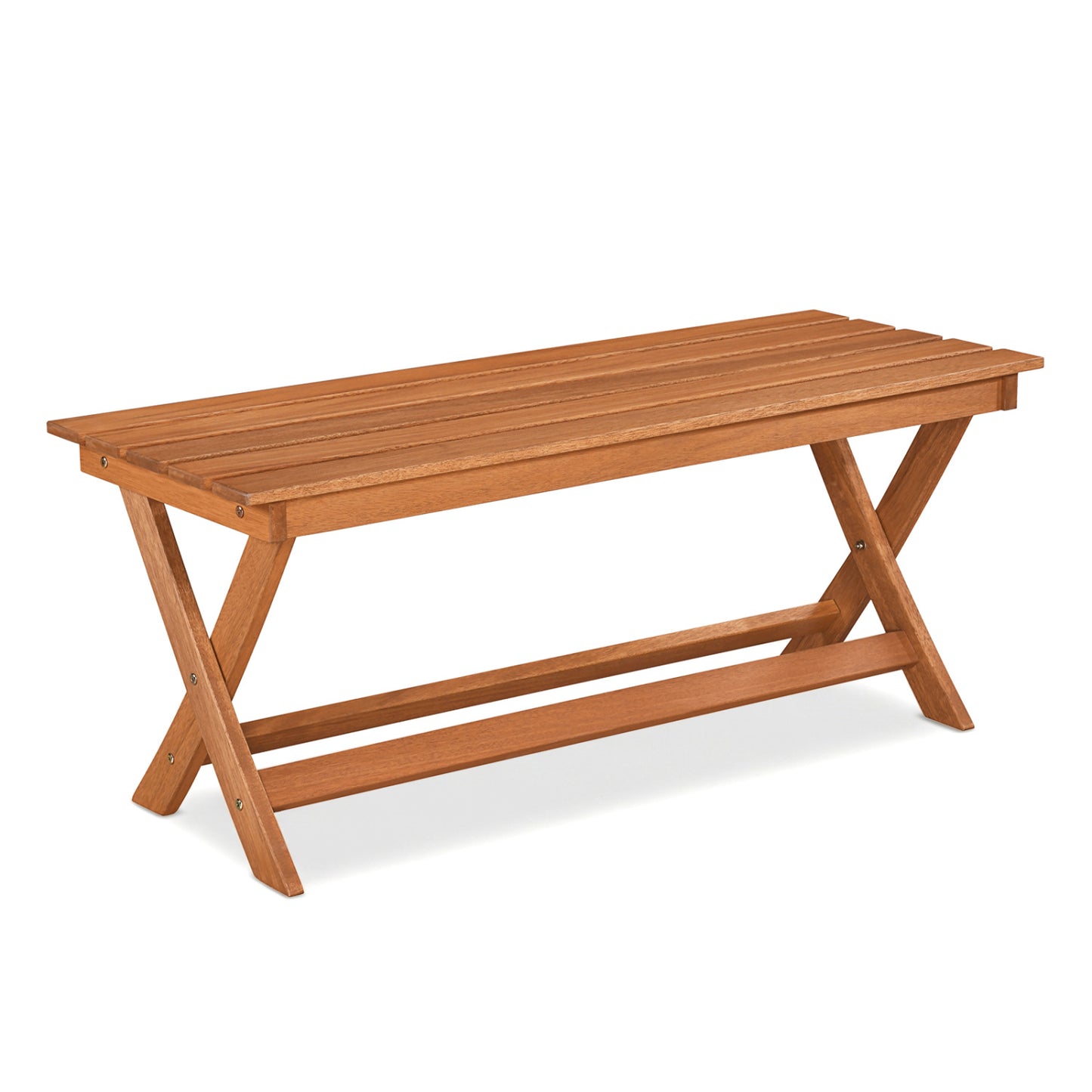 Pair of 2-seat wooden garden patio benches with X-shaped legs, outdoor outdoor seating by Wilsons Home Store.