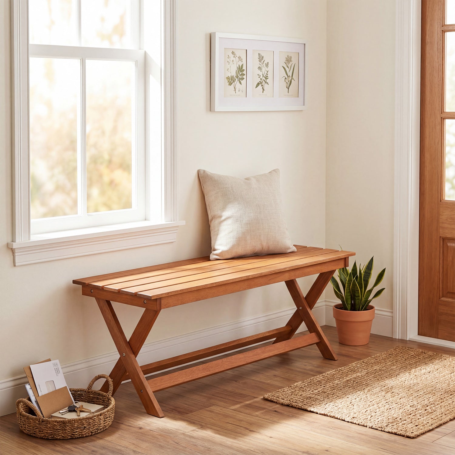 Set of two wooden garden patio benches with X-shaped legs, perfect for outdoor seating and patio decor.