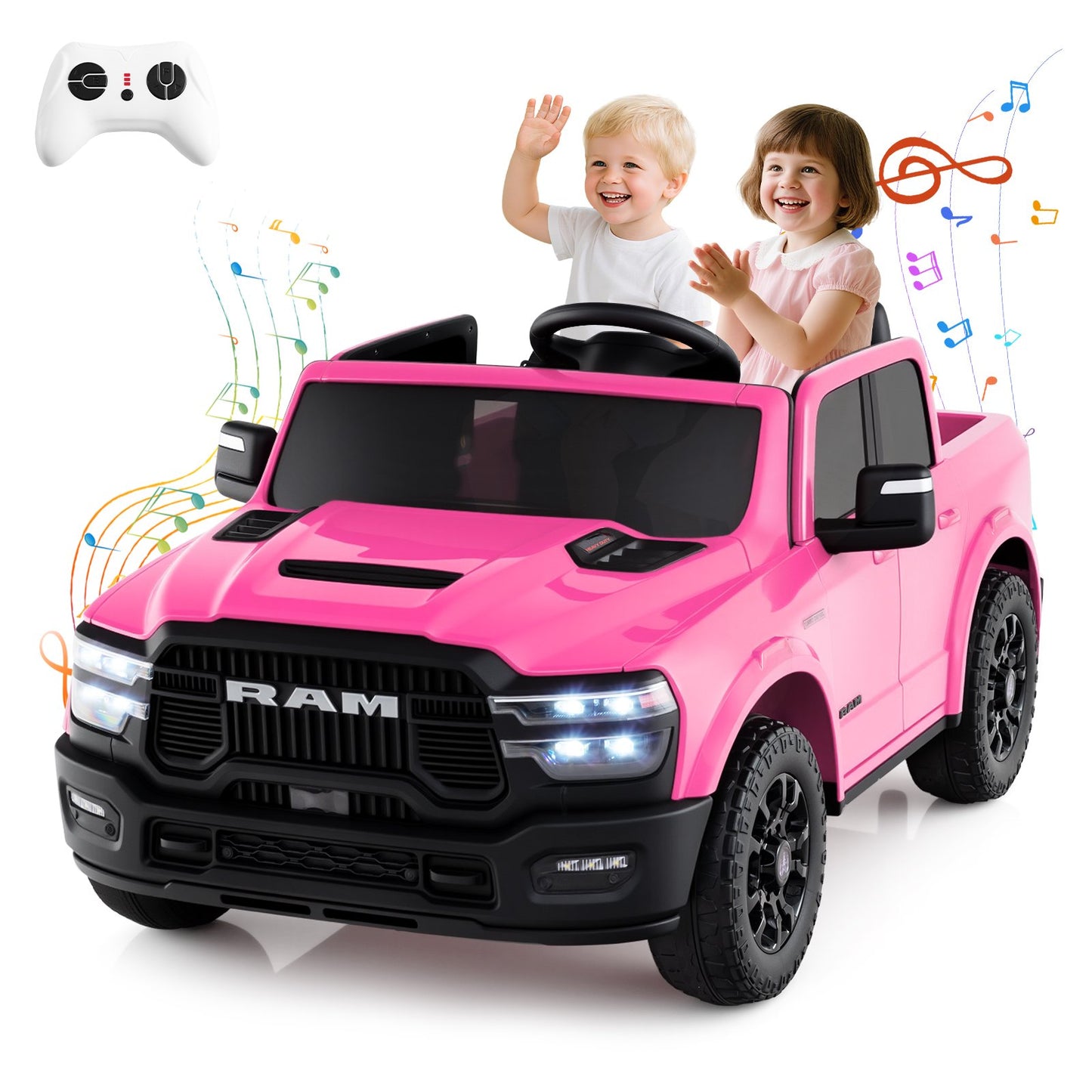 2 Seater 24V Ride on Toy for Big Kids Licensed Ram Truck with Remote and Music-Black