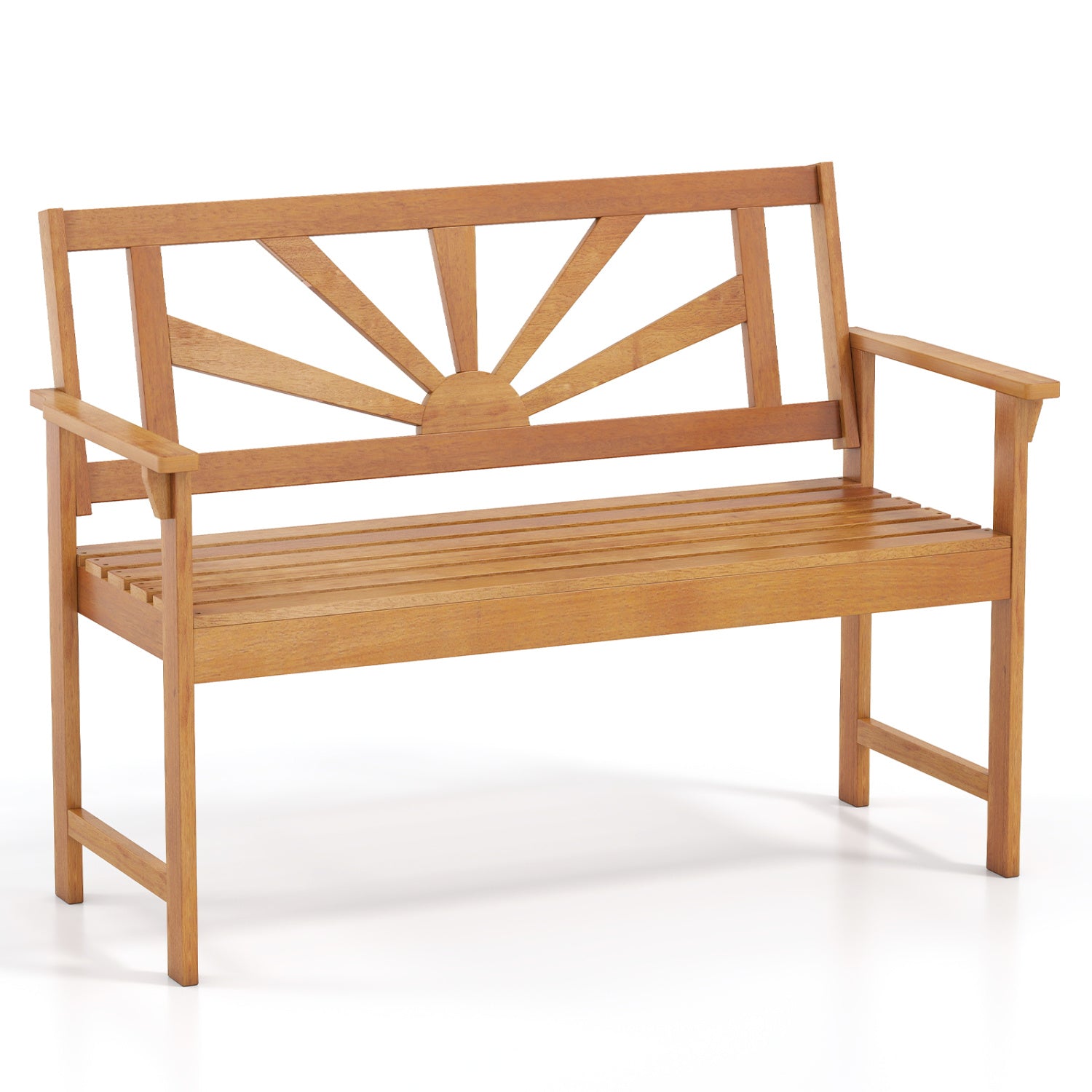 Two-seater acacia wood loveseat bench with backrest and armrests, outdoor patio furniture for relaxing outdoor seating.