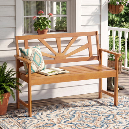 Two-seater acacia wood outdoor loveseat bench with backrest and armrests, ideal for patio seating.