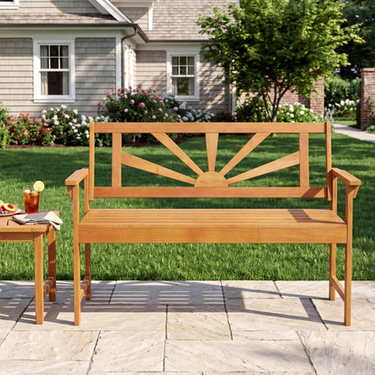 Two-seater acacia wood loveseat bench with backrest and armrests, outdoor patio furniture for garden or porch seating.