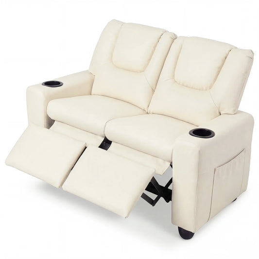2-Seater Kids Recliner Double Toddler Sofa Chair with 2 Cup Holders-Beige