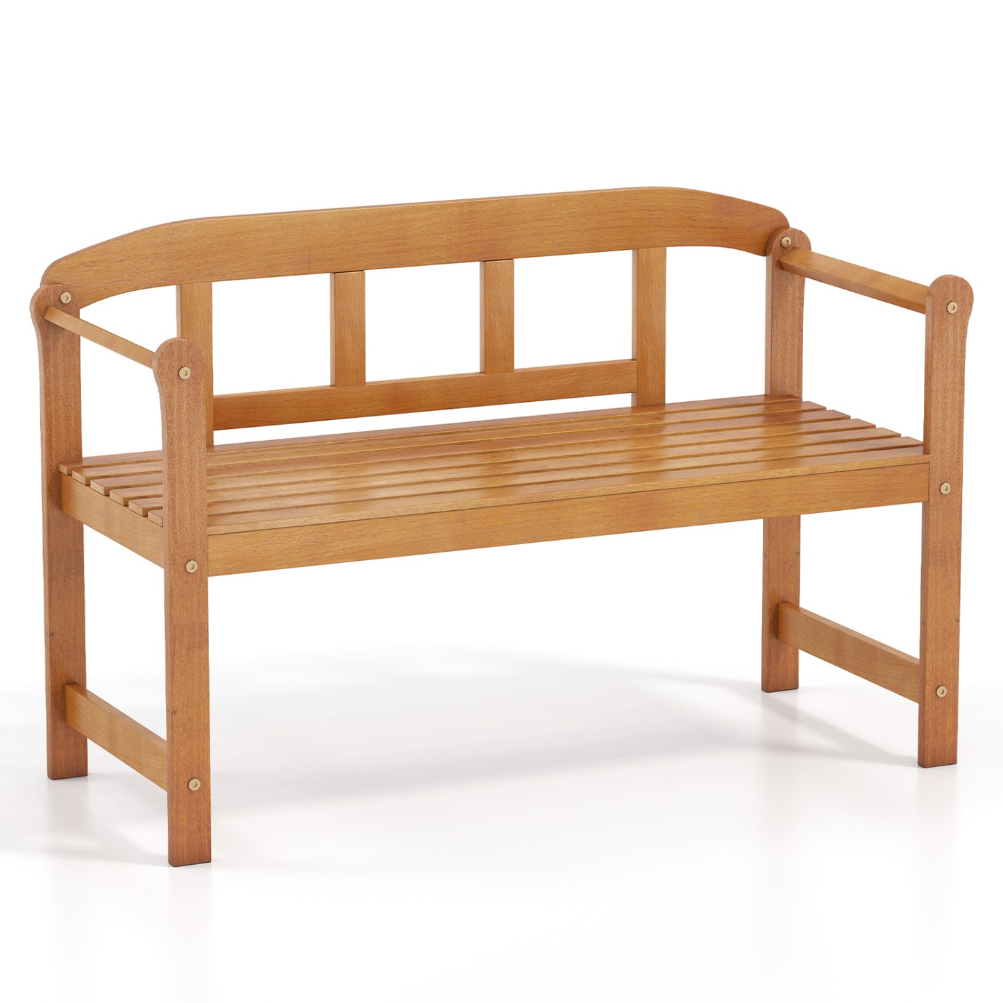 Two-seater outdoor acacia wood garden bench with backrest and armrests, perfect for patio seating.