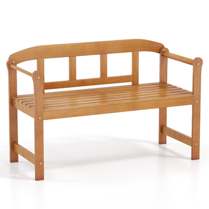 Two-seater outdoor acacia wood garden bench with backrest and armrests, perfect for patio seating.