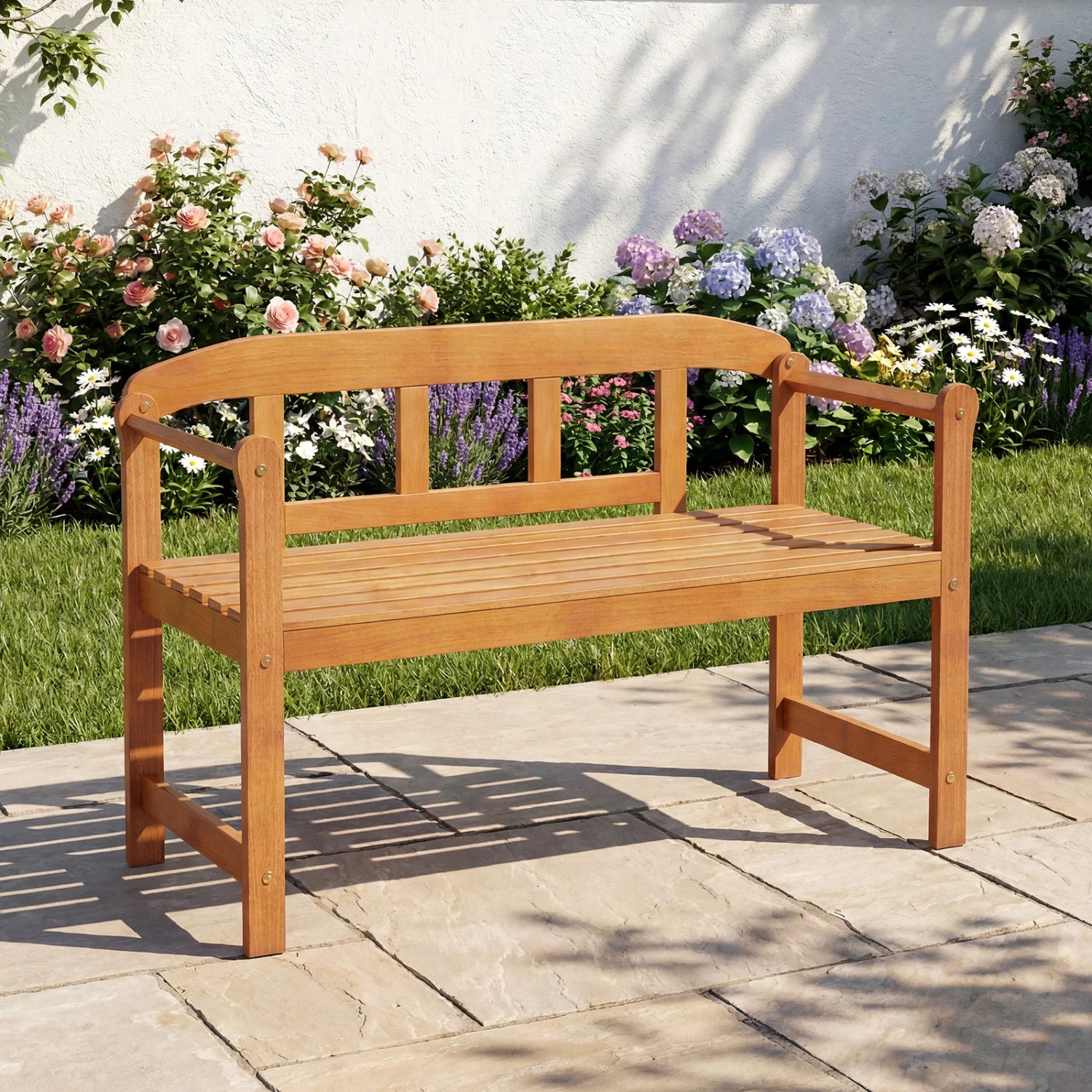 Two-seater outdoor acacia wood garden bench with backrest and armrests, perfect for patio seating and outdoor relaxation.