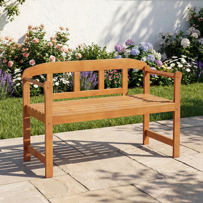 Two-seater outdoor acacia wood garden bench with backrest and armrests, perfect for patio seating and outdoor relaxation.