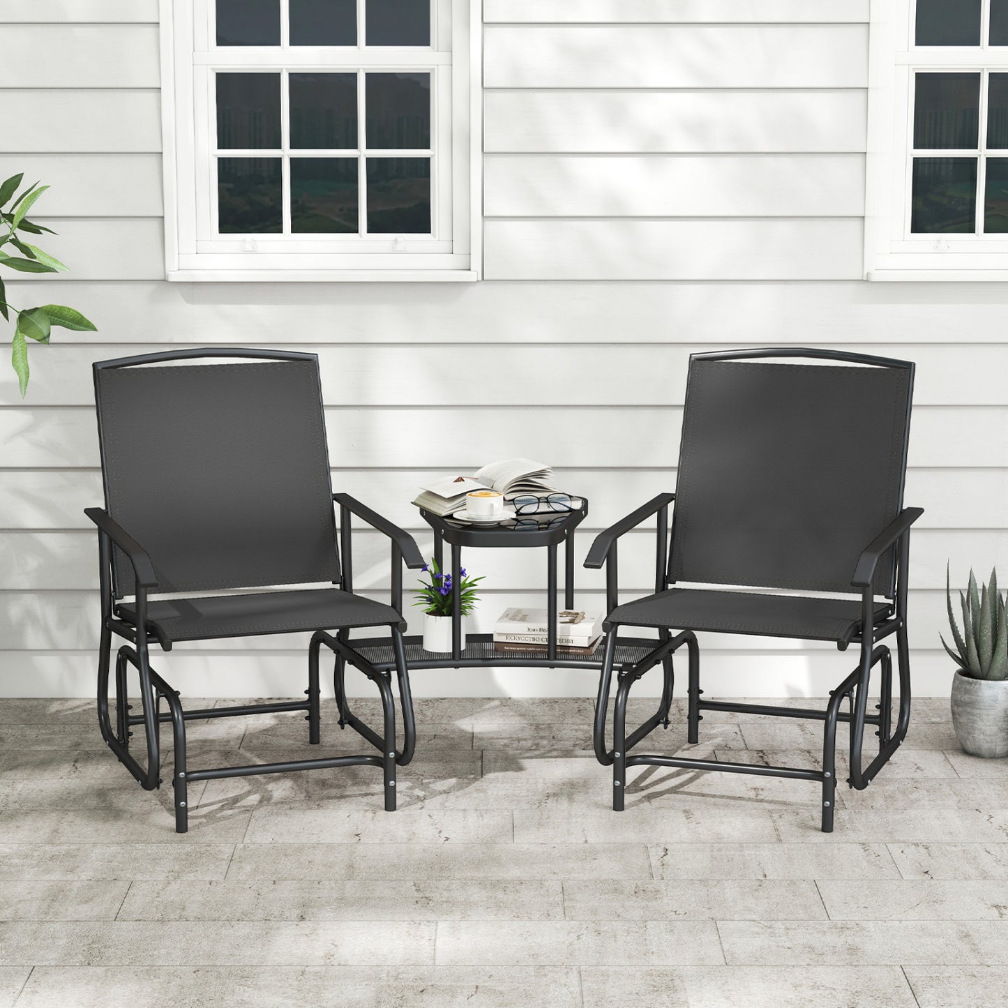 2-Seater Outdoor Glider Bench with 2-Tier Center Table-Beige