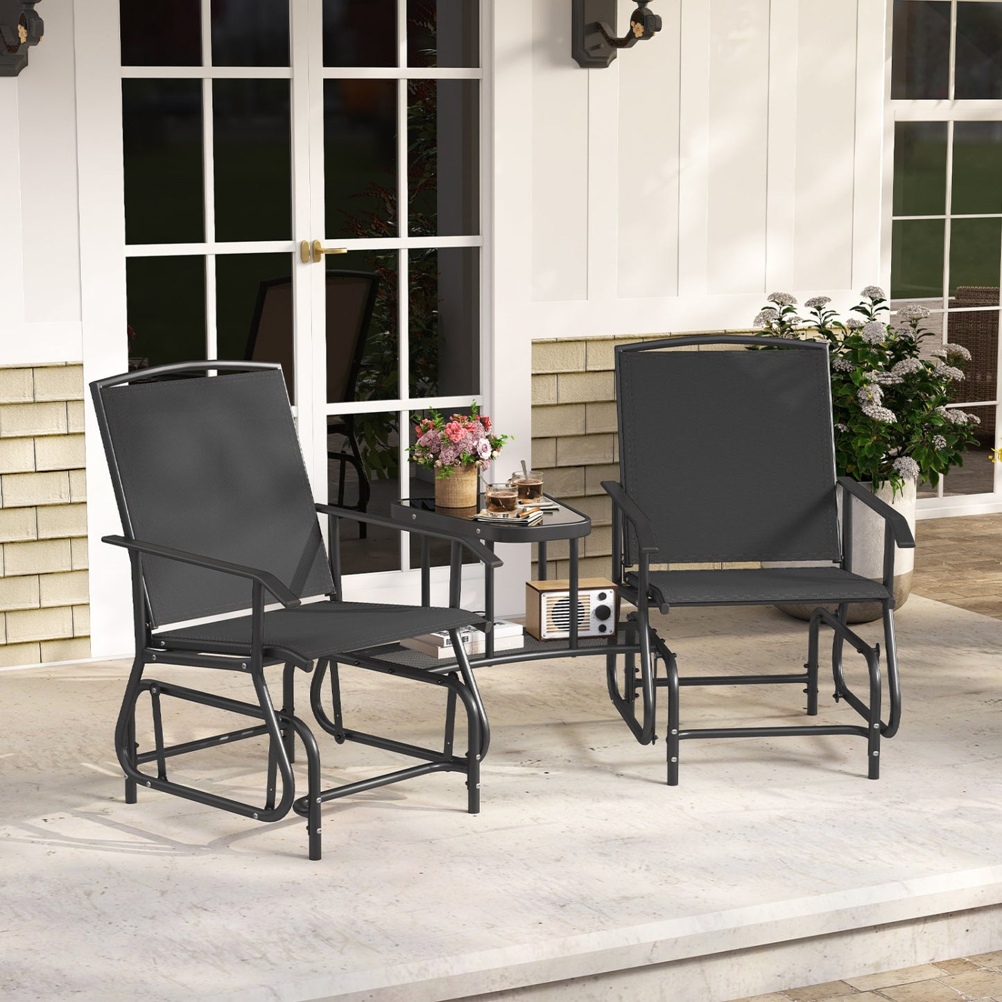 2-Seater Outdoor Glider Bench with 2-Tier Center Table-Beige